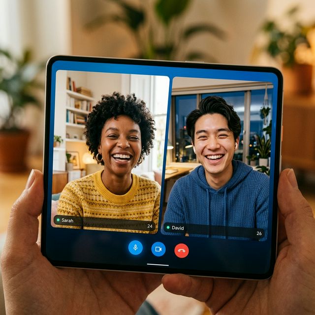 Two people smiling on a video call