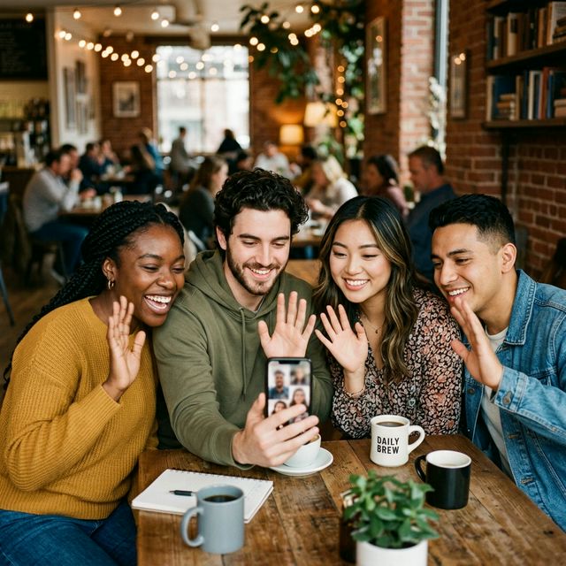 Happy people chatting on video calls around the world